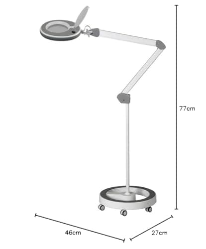 Lumeno 8213GR LED Lampe loupe pour poste de travail Lampe cosmétique, intensité lumineuse réglable, lentille en verre cristallin de 127 mm, aide à la lecture/loupe, 3 dioptries avec pied à roulettes