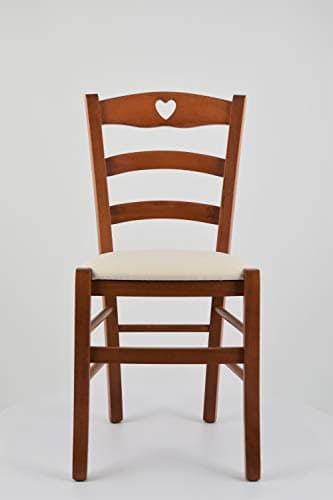 Tommychairs - Set 4 Chaises Cuore pour Cuisine, Bar et Salle à Manger, Robuste Structure en Bois de hêtre peindré en Cerisier et Assise rembourrée et revêtue en Tissu Couleur Ivoire