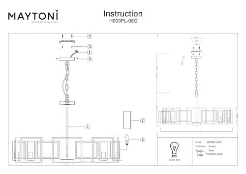 MAYTONI DECORATIVE LIGHTING Suspension classique, cadre en métal doré, abat-jour transparent, hauteur réglable, 8 ampoules, 8 ampoules E14 40 W non incluses