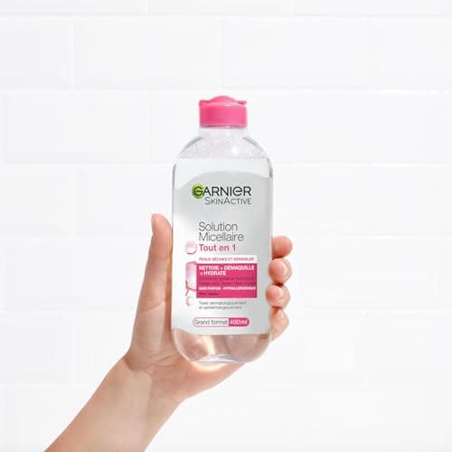 GARNIER Skin Active - Solution Micellaire Tout-En-1 - Nettoie, Démaquille & Hydrate - Micelles & Glycérine Hydrantante - Sans Parfum - Visage, Yeux, Lèvres - Peaux Sèches & Sensibles - 400 ml