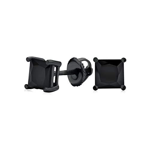 Boucles D'Oreilles Solitaires En Zircon Cubique De Taille Princesse 3Ct Noir Sur Noir Pour Hommes Femmes Cz Secure Screw Back Plaqué Noir .925 Argent Sterling