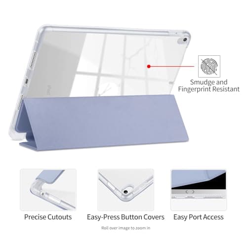 VAGHVEO Coque pour iPad Air 3 2019 avec Pencil Holder, iPad Pro 10,5" 2017 en Cuir PU [Sommeil/Réveil Automatique], Souple TPU de Protection Smart Shell Stand Housse Arrière Translucide, Violet Gris