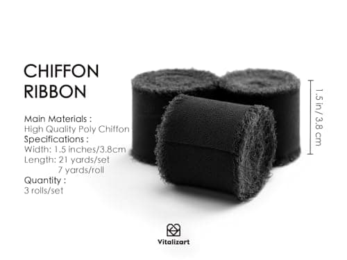 Vitalizart Ruban en Mousseline de Soie Noir, Fait Main avec Franges, Total 3,8 cm x 19,2 m, Ruban Effiloché pour Invitations de Mariage, Bouquets de Mariée, Cadeaux Emballages, Bricolage