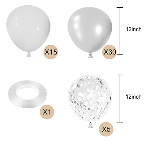 CHRORINE Lot de 50 ballons blancs argentés de 30,5 cm avec rubans à confettis pour anniversaire, fête prénatale, mariage, remise de diplôme, décoration de fête
