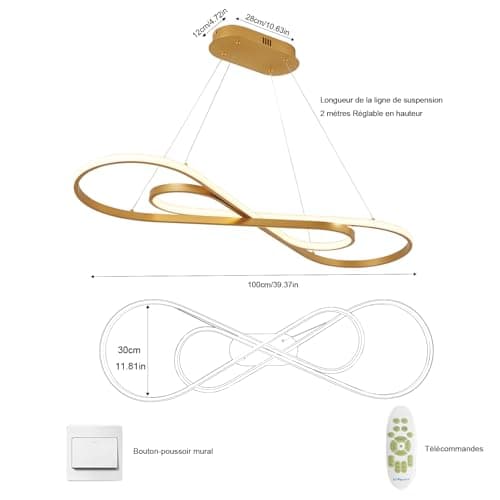AHRHSM Lampe à Suspension LED Table à Manger, Suspension Moderne à Intensité Variable 57W, Réglable en Hauteur, Suspension avec Télécommande, Pour Salles à Manger, Cuisines (Or)