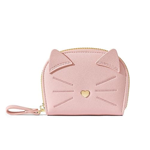 Porte Carte de Crédit Femmes, PU Cuir Porte-Cartes de Visite Protection RFID Portefeuille Porte Monnaie Fermeture Éclair Crédit Portefeuille avec 11 emplacements pour Cartes Women's Wallet,Rose Chaton