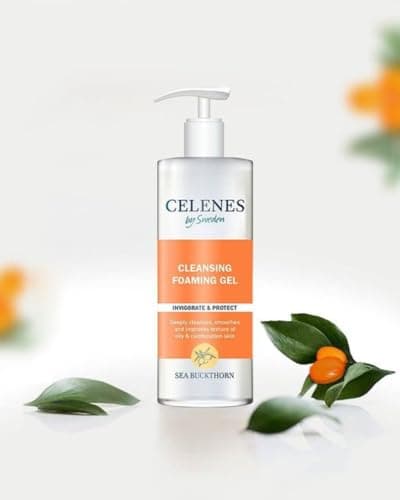 Celenes by Sweden Gel Nettoyant Visage à l'Argousier, Mousse Nettoyante Visage 250ml - Nettoyant Visage avec Vitamine C - Demaquillage Visage Sans Parabèn-Alcool, Nettoyant Visage Peau Grasse & Mixte
