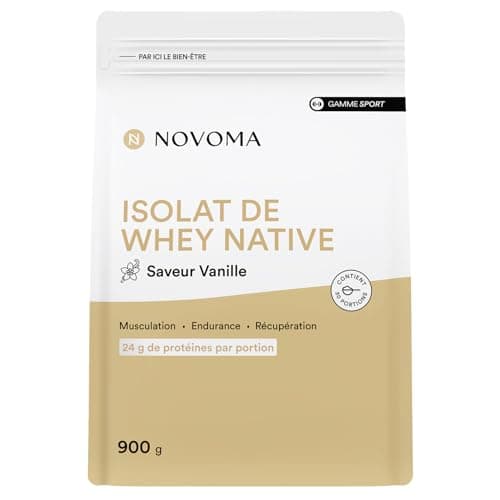 NOVOMA Whey Isolate Native, Protéine Pure Non Dénaturée, 24g de Protéines par Portion, Saveur Vanille, Musculation et Récupération, 30 Portions, Sachet 900g, Fabriqué en France
