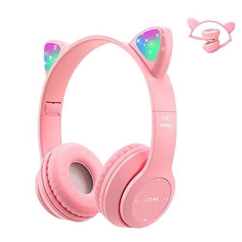 Casque pour Enfants sans FI, Megadream Casque Cat Pliable avec LED Flash Lumières Glow pour Enfants 8+, 3.5mm Jack, SD Carte Slot pour PC, Tablette, Smart Phone (Rose)