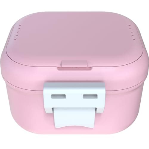 ARGOMAX Boîte de prothèse anti-fuite, boîte à prothèses dentaires portable avec tamis, pour prothèses dentaires et appareils dentaires (rose + blanc).