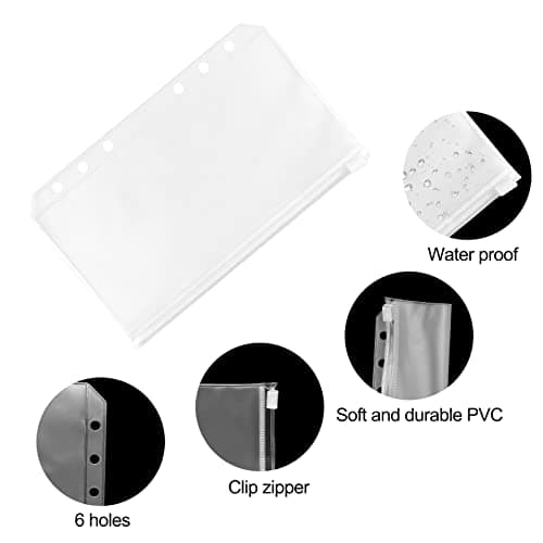 Relota 20 Pièces Pochettes Classeur, 6 Trous Pochette Plastique A6, Transparente Imperméable Dossiers à Glissière, Enveloppe Budget, Sacs Zippés à Feuilles Mobiles pour Documents, Cahiers, Cartes