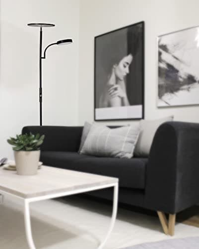 BEL AIR HOME - Lampadaire LED Salon Lagos 15W + 10W, Lumière Naturelle 4000K, Design Moderne en Métal, Interrupteur sur Pied, Idéal pour Salons et Espaces Lecture - (NOIR)