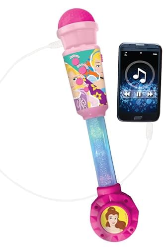 Lexibook- Cendrillon, Belle, Raiponce, Princesses Disney, Microphone Enfant, Jouet Musical, Haut-Parleur intégré, Effets Lumineux, Prise Aux-in, MIC90DP, Rose
