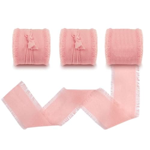 Lot de 3 Rouleaux de Ruban Rose, Ruban Mousseline 4cm*6.5m, Ruban Rose Sauge, Ruban Tissu, Rubans pour Artisanat Cadeaux de Mariage, Baptême et Anniversaire