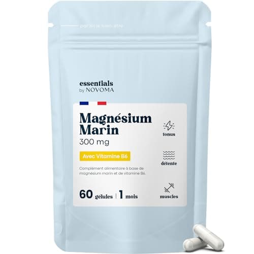 Magnésium Marin + Vitamine B6, Combat la Fatigue et le Stress, Cure de 1 mois, 60 Gélules Végétales, Magnesium Marin Pur 300 mg/jour, Fabriqué en France, Essentials by Novoma