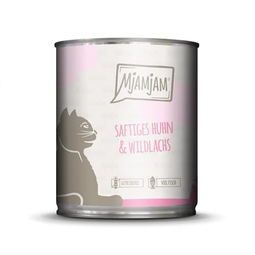MjAMjAM - nourriture humide premium pour chats - poulet juteux et saumon sauvage, pack de 6 (6 x 800 g), sans céréales avec supplément de viande