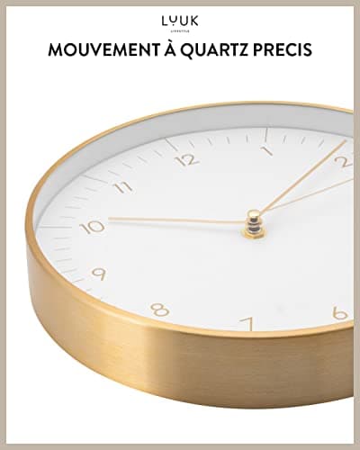 LUUK LIFESTYLE Horloge Murale silencieuse avec mécanisme à Quartz, Design scandinave, décoration pour Bureau, Cuisine, Couloir, Salle à Manger, en Blanc et Or
