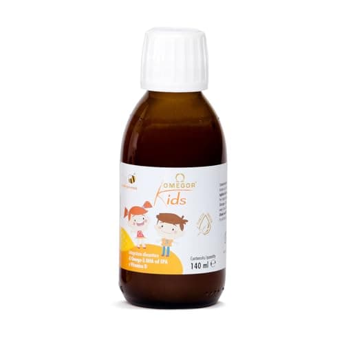 OMEGOR® Kids avec oméga-3 végétal DHA pour enfants 250 mg de DHA et 125 mg d'EPA à partir d'huile d'algue | Miel et jus de fruits | Avec de la vitamine D3 | Bouteille de 150 ml avec cuillère.