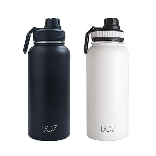 BOZ - Lot de 2 Gourdes Isothermes En Acier Inoxydable 1L, Sans BPA, Double Isolation Sous Vide | Gourdes de Camping et Randonnée Avec Couvercle Anti Germe, Bouteilles d'Eau 1 Litre, (Blanc + Noir)
