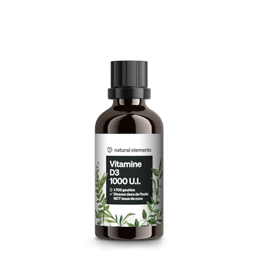 natural elements Vitamine D3 – 1000 U.I. Vitamine D par goutte – 50 ml (1700 gouttes) – enhuile TCM de noix de coco – fortement dosée, liquide