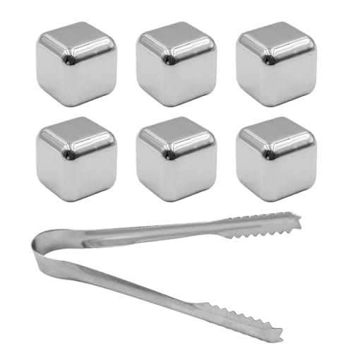 Intirilife Whisky Stone Set en Argent avec Pince en Acier Inoxydable -chacun 2.5 x 2.5 cm- 6 pièces de glaçons réutilisables en Acier Inoxydable avec boîte de Rangement- Pierres de Refroidissement