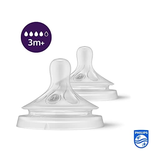 Philips Avent Lot de 2 tétines pour biberon à Réponse Naturelle 0% BPA, Débit 4 pour Bébé de 3 mois + (modèle SCY964/02)