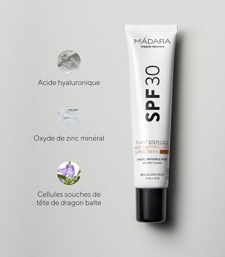 MÁDARA Organic Skincare | Écran solaire anti-âge pour le visage aux cellules souches végétales SPF30-40 ml, écran solaire minéral teinté, UVA/UVB à large spectre, certifié COSMOS Natural.
