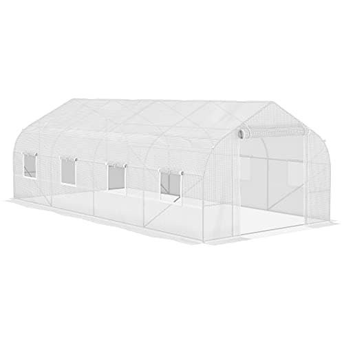 Outsunny Serre de Jardin Tunnel 600 x 300 x 200 cm Porte + 8 fenêtres enroulables métal galvanisé bâche PE Haute densité 140 g/m2 idéale pour Toutes Saisons Blanc
