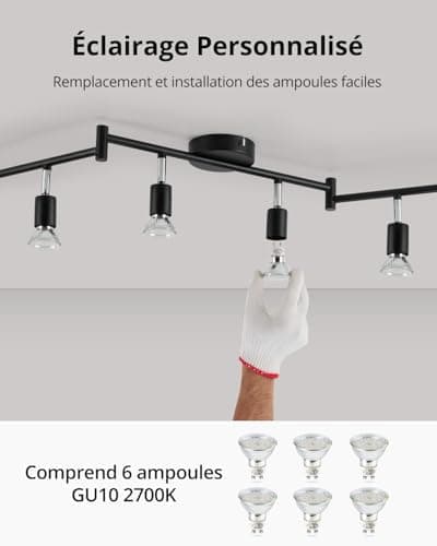 Bojim Plafonnier 6 Spots LED Orientable, Pivotants Spot Plafonnier Noir Mat, Moderne Luminaire Plafonnier pour Cuisine, Salon, Chambre, 6 x Ampoules LED GU10 incl (6W, 550lm, 2700K Blanc Chaud)