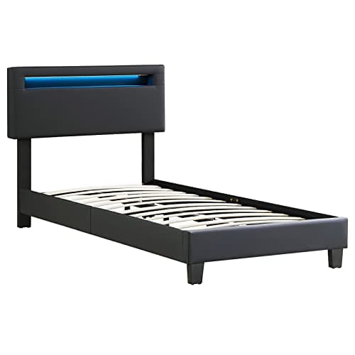 IDIMEX Lit LED Simple 90x190 cm avec sommier, tête de lit réglable en Hauteur, en synthétique Noir, Evan