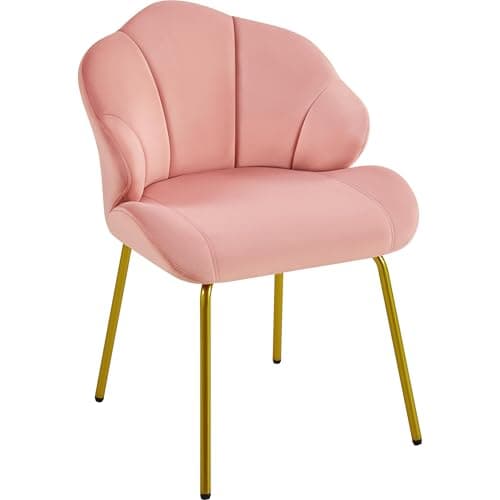 Yaheetech Fauteuil de Salon Moderne, Design Coquillage, Chaise de Chambre à Coucher Confortable, Rembourré, Ergonomique, Fauteuil en Velours avec Dossier, Pieds en Métal Plaqué Or, Rose