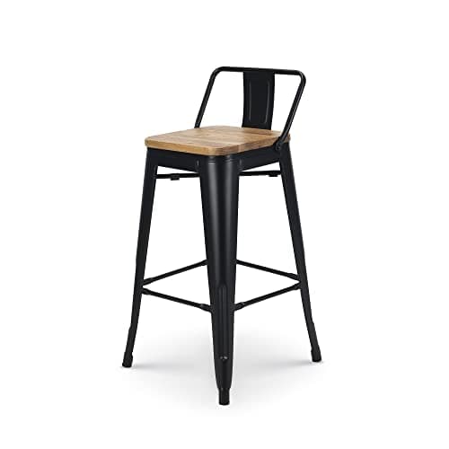 Kosmi - Lot de 4 tabourets de Bar en métal Noir Mat Style Industriel avec Dossier et Assise en Bois Clair - Hauteur 66cm