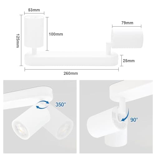 KYOTECH Plafonnier LED GU10 2 Spots Orientables Spot Plafond GU10 Applique Plafond Interieur Pivotants Applique murale LED Blanc,livré sans ampoules