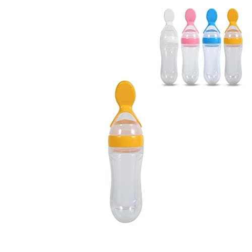 Baby Feeder Bottle, 1Pc 90 ml Silicone Baby Biberon Sans BPA Infantile Nouveau-né Toddler Fresh Food Cereal Squeeze Style avec une cuillère et une couverture hygiénique (Jaune)