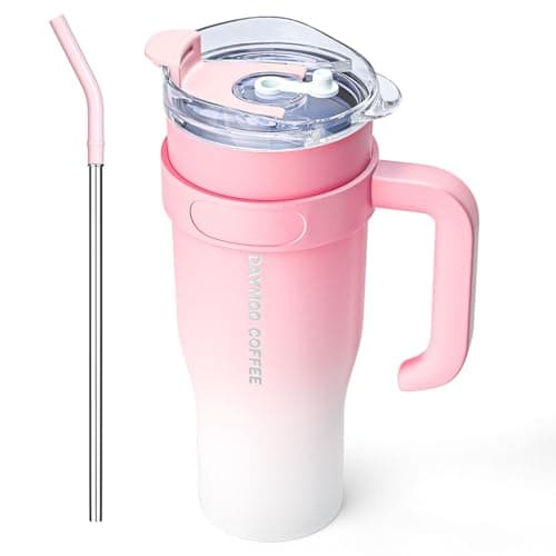 DAYMOO Mug isotherme avec paille et Poignée, Gobelet avec Paille et Couvercle, Tasse Thermos en Acier Inoxydable, Thermos Café Mug avec Couvercle, asse de Voyage Chaud ou Froid - 1.2 L, Rose Blanc