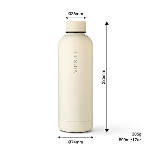 Vinsun Gourde Isotherme 500ml blanc crème - Bouteille d'eau Inox - Étanche, sans BPA, Reutilisable - Bouteille Thermo pour Sport, Randonnee, Velo, Voyage, École