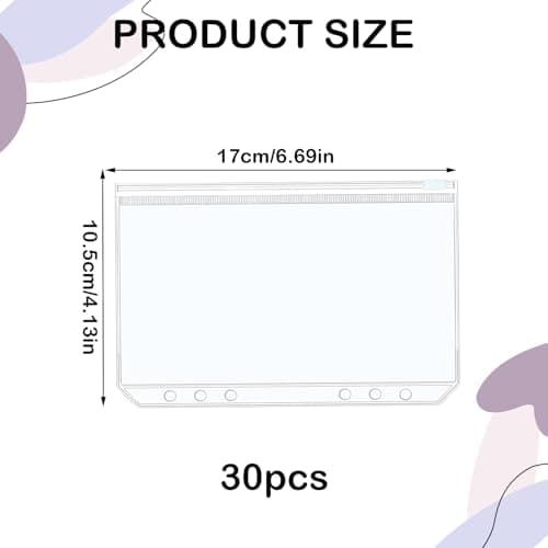 30 Pièces Pochettes Classeur, 6 Trous Pochette Plastique A6, Transparente Imperméable Dossiers à Glissière, Enveloppe Budget, Sacs Zippés à Feuilles Mobiles pour Documents, Cahiers, Cartes