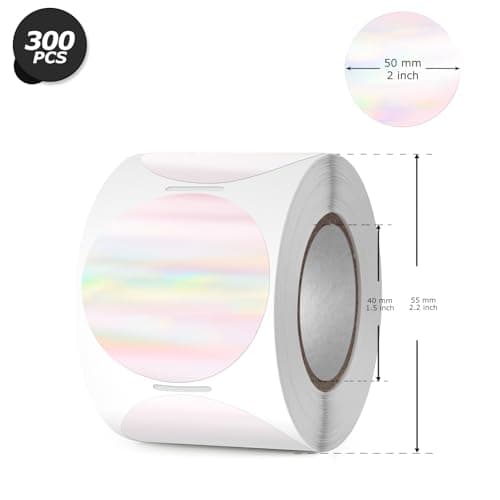 YIKIADA Lot de 300 étiquettes thermiques holographiques en vinyle - 50 mm - Autocollants arc-en-ciel à pois directs - Imperméables et imprimables - Pour code QR
