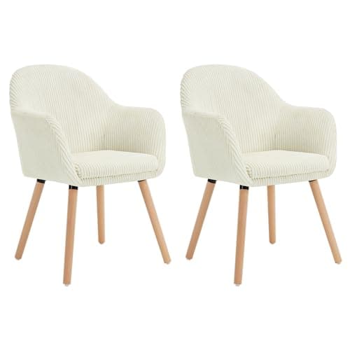 WOLTU Chaise de Salle à Manger, Lot de 2 Chaises, Chaise Ergonomique, Chaise de Cuisine avec Accoudoirs, Chaise Rembourrée avec Pieds en Bois Massif, en Velours Côtelé, Beige, EZS26cm-2