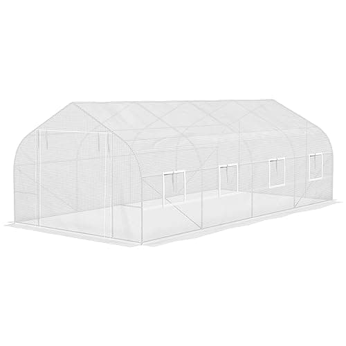Outsunny Serre de Jardin Tunnel 600 x 300 x 200 cm Porte + 8 fenêtres enroulables métal galvanisé bâche PE Haute densité 140 g/m2 idéale pour Toutes Saisons Blanc