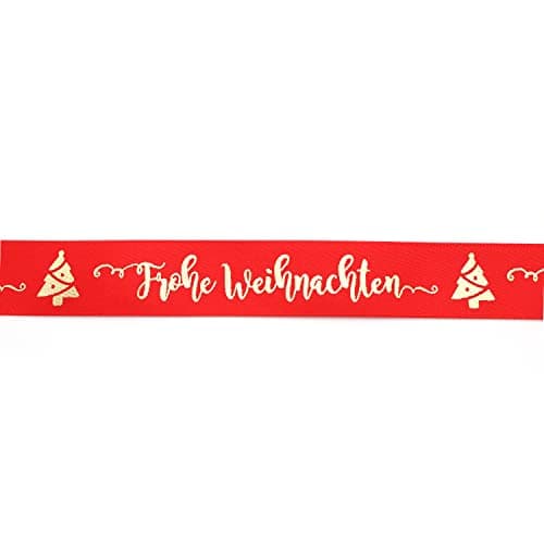 OMISS - Frohe Weihnachten - Ruban Rouge et Ecriture Or - Ruban de type Satin de 19mm