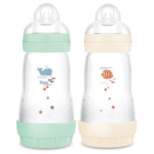 MAM - Lot de 2 biberons Easy Start Anti-Colique 2+ mois débit moyen (2 x 260 ml) Menthe + Coton – Biberon pour réduire les coliques et l'inconfort de bébé – Biberon bébé compatible avec l'allaitement