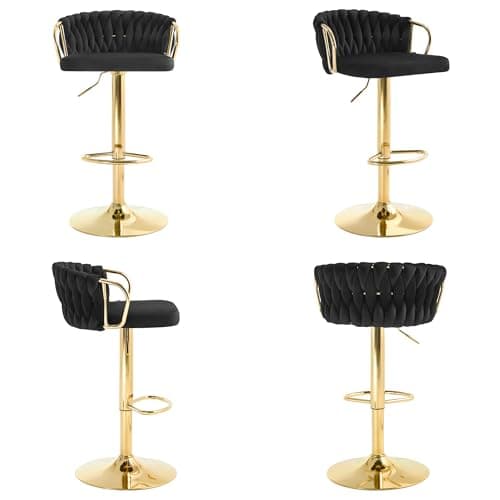 WOLTU Lot de 2 Tabouret de Bar avec Dossier Tissé et Repose-Pieds, Tabouret Pivotant à 360°, Hauteur Réglable, Base Évasée en Métal, Noir, BH426sz-2