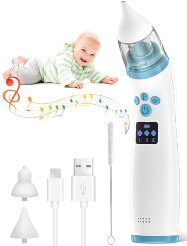 Mouche Bebe Electrique, Mouche Bebe Rechargeable avec 3 niveaux d'aspiration et 2 silicone doux, Aspirateur Nez Bebe avec de la musique pour les nouveau-nés et les tout-petits,Bleu