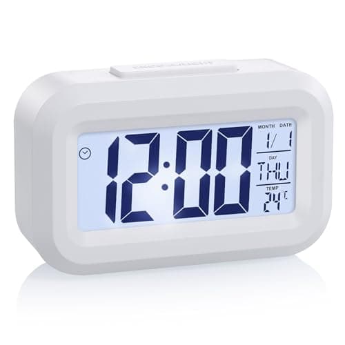 JIZZU Réveil de Voyage, LCD Réveil Numérique Fonctionne Piles, Affichage 12/24h, Fonction Répétition, Réveil LED Intelligent pour Chambre à Coucher, Bureau, Blanc