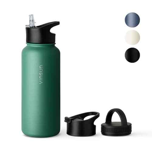 VINSUN Gourde Isotherme 1l - Gourde Inox avec Paille (3 Bouchons) - Étanche, sans BPA, Reutilisable - Bouteille d'eau Isotherme pour Sport, Randonnée, École, Bureau