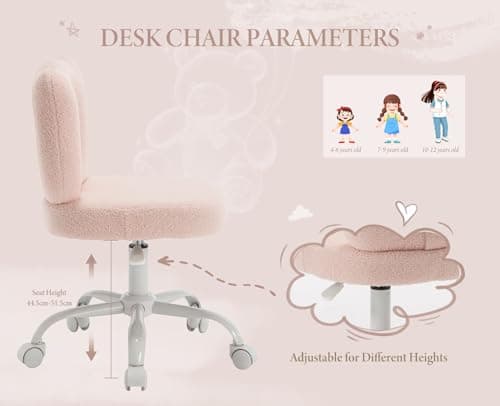 Wahson Chaise de Bureau pour Enfant Chaise Enfant Chambre à roulettes Chaise de Bureau Enfant Réglable en Hauteur, Fauteuil Bureau Enfant pour Chambre, Fausse Fourrure, Rose Clair