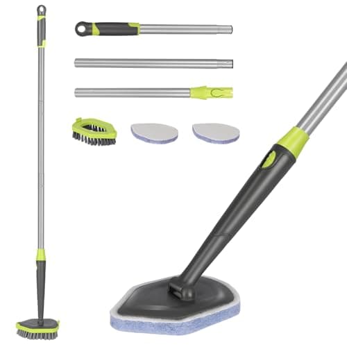 Masthome Brosse de Nettoyage 2 en 1 pour Baignoire et Carrelage avec Manche Long, Brosse à Récurer Amovible à Poils Rigides et 2 tête éponge pour Salle de Bain, Baignoire, Sol