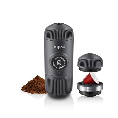 WACACO Nanopresso Machine à Espresso Portable avec NS Adapter, Compatible avec les Capsules NS et le Café Moulu, Ensemble de Machine à Café de Voyage Manuel, Parfait pour le Camping