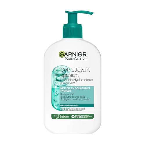 GARNIER Skin Active - Gel Nettoyant Apaisant - pH Neutre - Élimine Maquillage & Impuretés - Hydrate & Repulpe - Enrichi En Aloe Vera, Glycérine & Acide Hyaluronique - Vegan & Cruelty Free - 250 ml